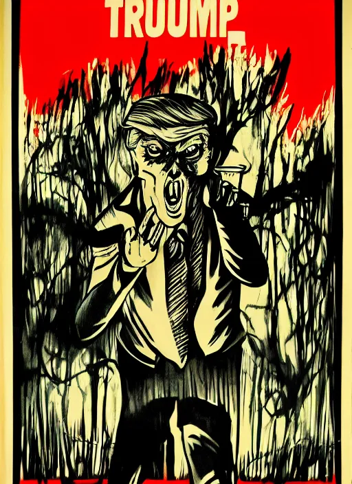 Image similar to Donald Trump's true form on a 1950s horror movie poster, inking, vintage 50s print, detailed, scary, horror, screen print, trending on artstation