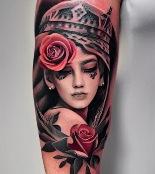 Prompt: tattoo design on white background of a beautiful girl warrior, roses, hyper realistic, realism tattoo, by eliot kohek