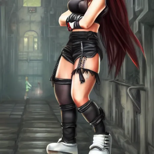 Image similar to high quality, full body shot of tifa lockhart in front of detailed background, trending on artstartion