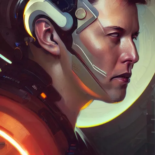 Prompt: Portrait of a cyborg Elon Musk, cyberpunk, elegant, digital painting, highly detailed, artstation, concept art, smooth, sharp focus, illustration, art by artgerm and greg rutkowski and alphonse mucha