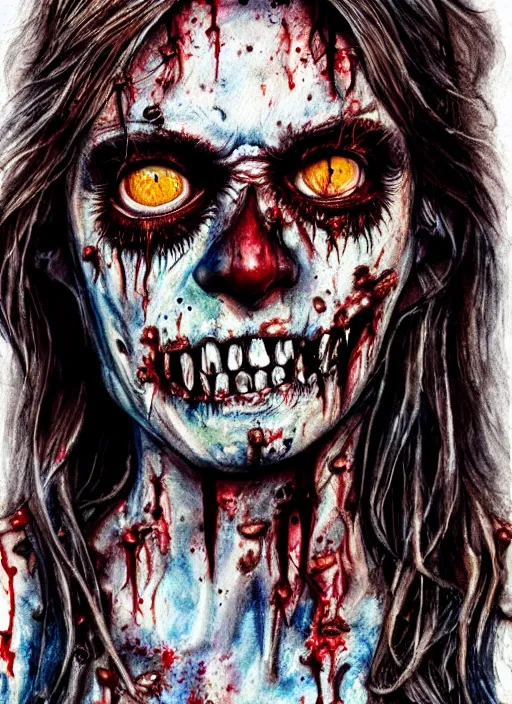 Image similar to zombie hollywood professional acting headshot, hyperrealism, intricate detailed, studio lighting, charming expression gesicht, watercolor art, drawn and painted, colored layers, dulled contrast