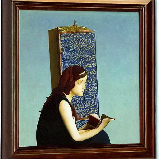 Image similar to a girl reading, islamic pattern, by magritte, by gustave moreau,
