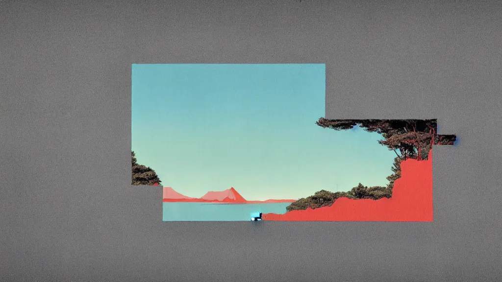 Image similar to kyushu natural landmark, a collage painting, in the style of wes anderson, lola dupre, david hockney, isolated on negative space background dark monochrome neon spraypaint accents volumetric octane render