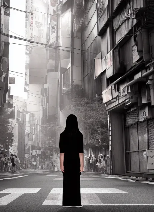 Image similar to demonic girl without head standing in the middle of the crowded tokyo street, photorealistic, canon r 3, symmetry, octane render, unreal engine, dramatic lights