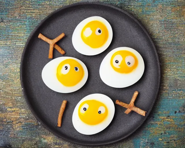 Image similar to eggs with happy faces on them. they have arms and legs made of twigs. yolk is pouring out of their snout. they had a hearty laugh. boogers are coming out of their noise.