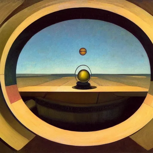 Prompt: giant mechanical eye inside a gyroscope in a dome - shaped control center, grant wood, pj crook, edward hopper, oil on canvas