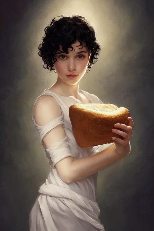 Image similar to beautiful cottagecore of a girl with short black curly hair, round face, cute face, holding a loaf of bread. intricate, elegant. highly detailed, digital painting, artstation, concept art, smooth, sharp, focus, illustration. . art by artgerm and greg rutkowski and alphonse mucha