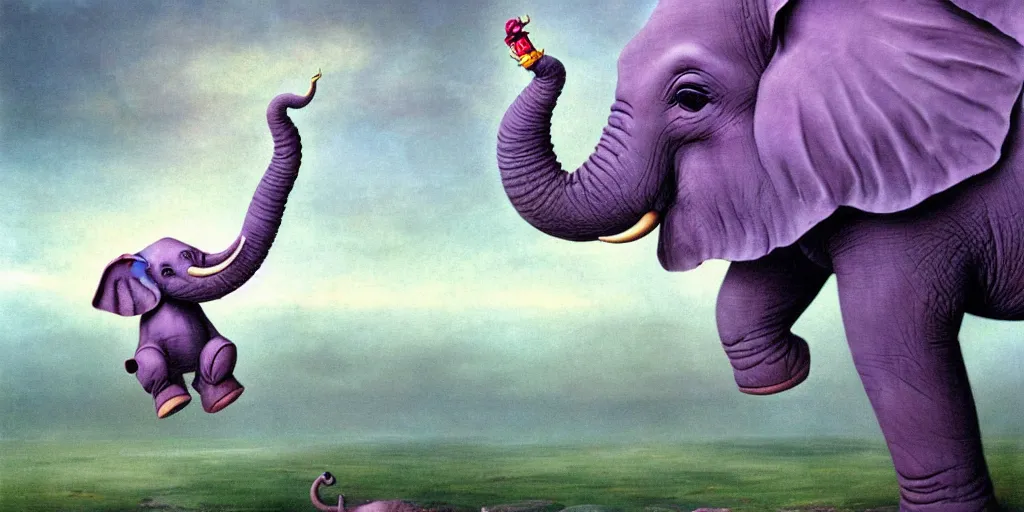 Image similar to a single purple elephant flying in the air like dumbo during a storm, close up of elephant with ground behind, illustration, detailed, smooth, soft, cold, by Adolf Lachman, Shaun Tan, Surrealism