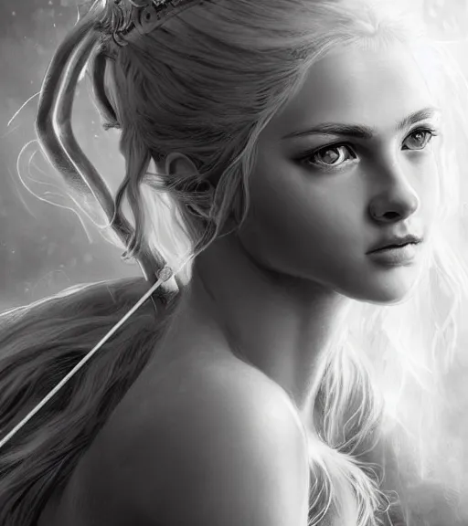 Prompt: beautiful young aphrodite goddess with beautiful piercing eyes and flowing blonde hair, archer, realistic face, black and white drawing, in the style of greg rutkowski, fantasy, amazing detail, epic, intricate, elegant, smooth, sharp focus