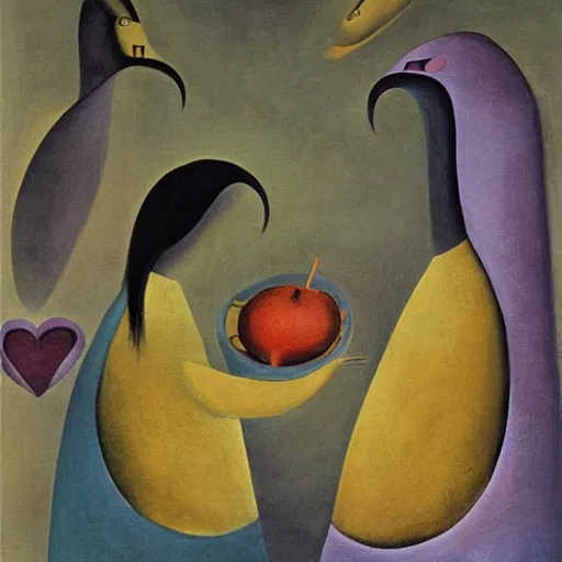 Prompt: abstract figurative art, leonora carrington style, lovers eat pears, dreamy, muted, pastel colors