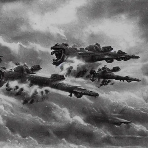 Prompt: lack and white photo Dragons in Battle of Kursk WWII, dragons flying in the sky