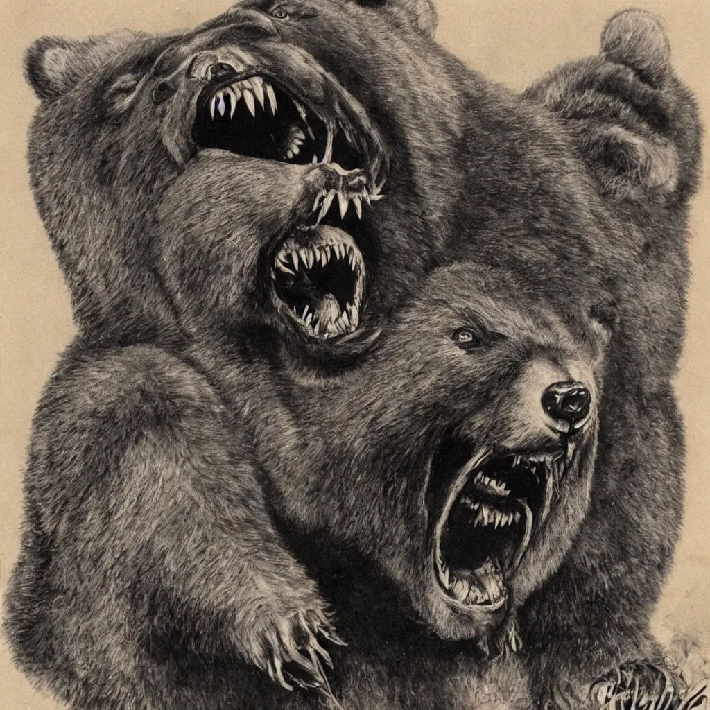 Image similar to horrifying bear, fangs, style of mark powell