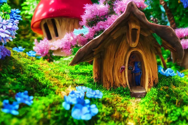 Prompt: anime gnome, mushroom house, under lush green plants and flowers, hyper realism, macro shot, blue sky, sunny, bright colors,