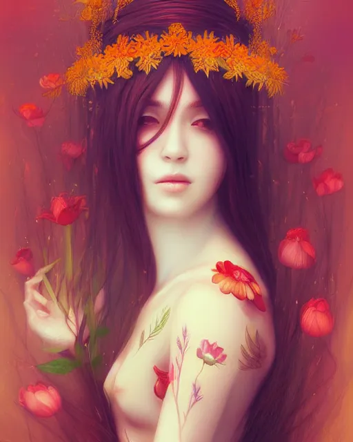 Image similar to the goddess of summer, with lotus on her head, red hair, half - length head portrait, dreamy, beautiful, by wlop