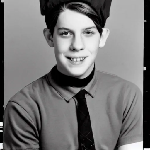 Prompt: a yearbook photo of Jughead Jones in 1966, he is wearing a felt crown on his head