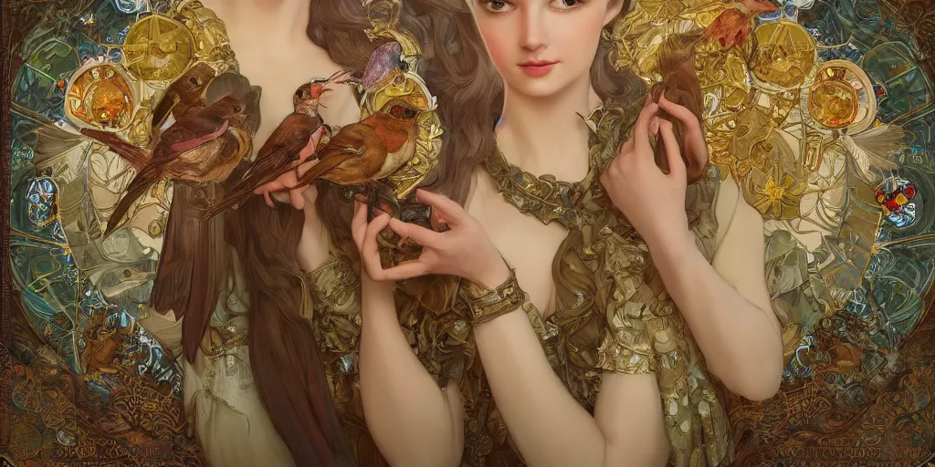 Image similar to zoom in 3 d render of english princess holding birds, ornaments, mucha vibe, dieselpunk, solarpunk, artstation, andrei riabovitchev