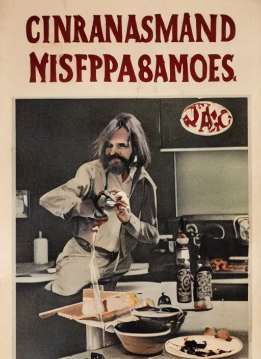 Image similar to vintage home barbecue advertisement depicting charles manson slipping on a banana peel