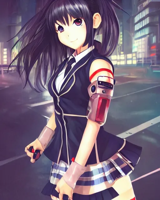 Image similar to full body portrait of anime schoolgirl in mechanic armor in night tokyo by makoto sinkai, perfect face, fine details