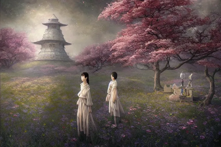 Image similar to Lee Jin-Eun by Andrew Ferez, rule of thirds, seductive look, beautiful, in intergalactic HQ with sakura trees