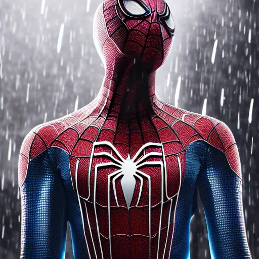 Image similar to Spiderman standing under rain with,mellow , dramatic, sad ambience. Heroic scene , 4k