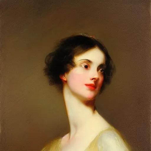 Image similar to Romanticism painting of a young woman with short hair painted in 1803 by Sir Thomas Lawrence