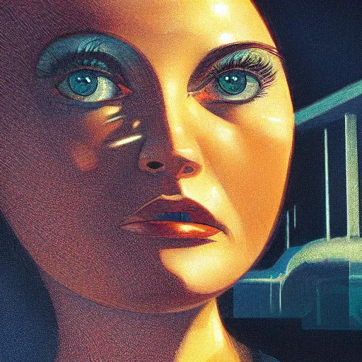 Image similar to detailed face of a woman, clockwork, moment, tectonic sky, skydome, bullet train, turbines, utopian, tech noir, wet reflections, prism, atmospheric, ambient, pj crook, syd mead, livia prima, greg rutkowski, edward hopper