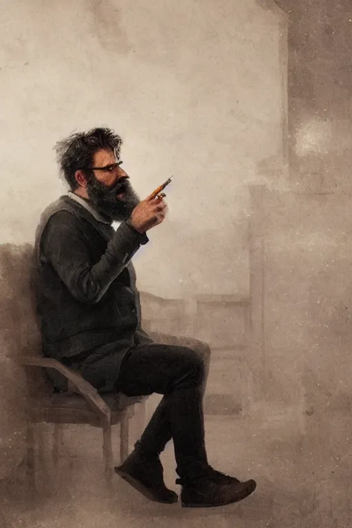 Image similar to portrait of a middle - aged writer with a beard, he is smoking a cigarette, style of greg rutkowski