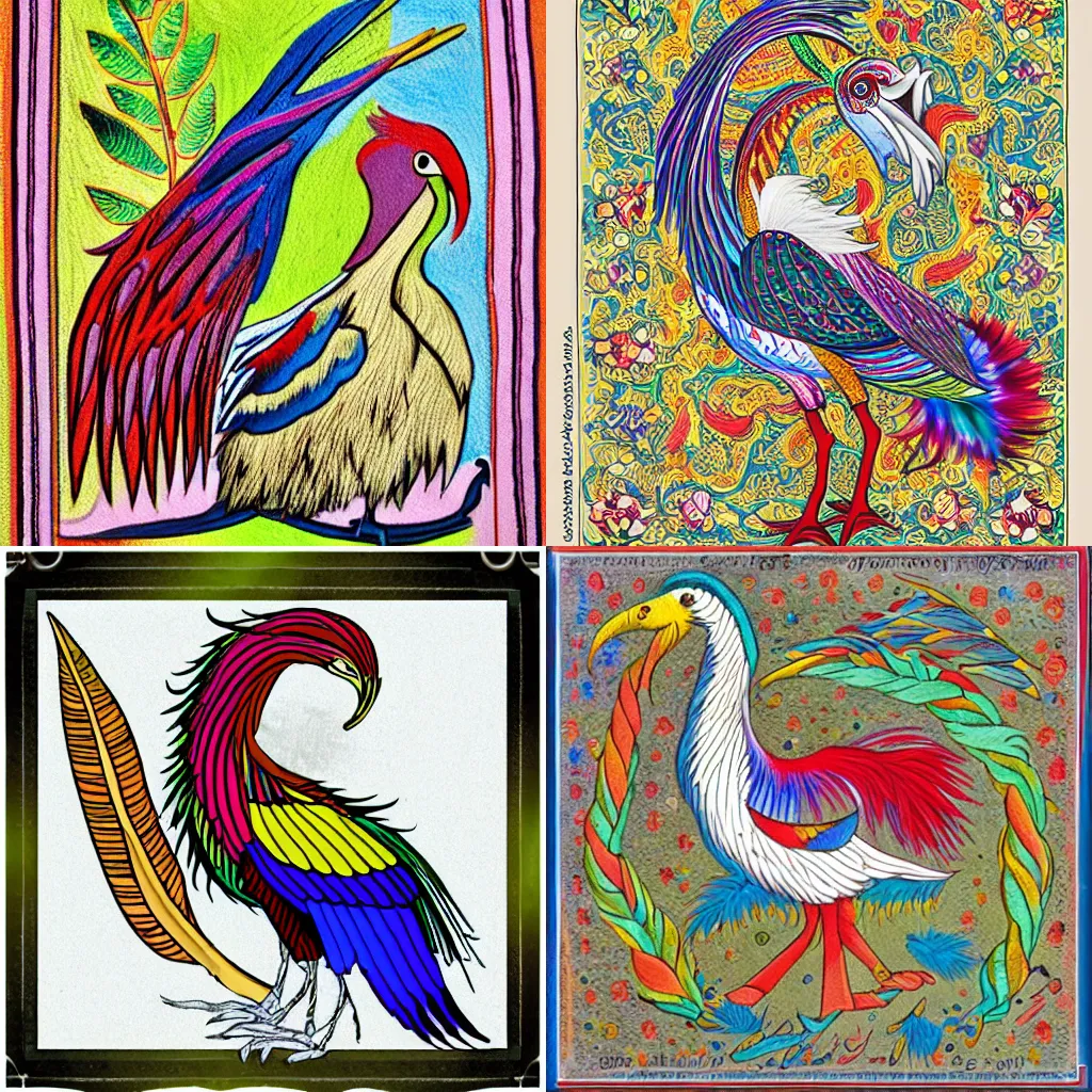 Prompt: the simorgh with 30 colors of feathers