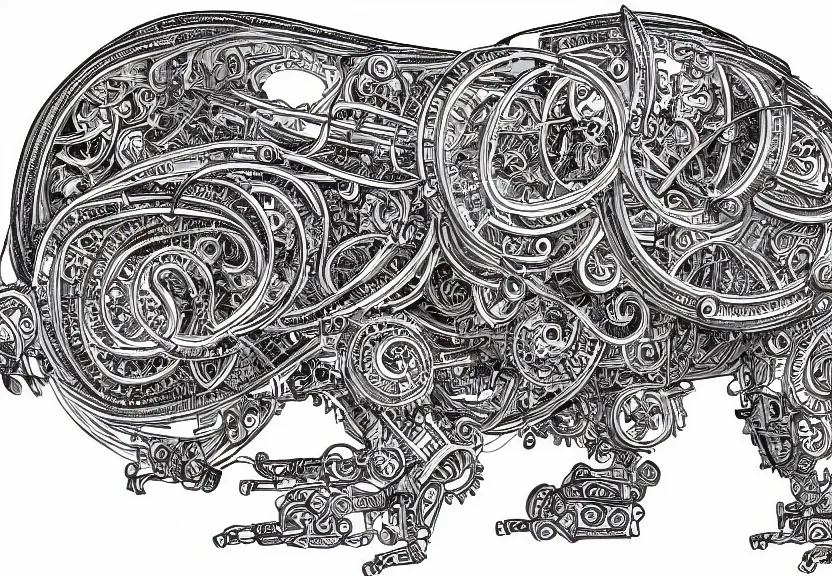 Image similar to small schematic blueprint of highly detailed ornate filigreed convoluted ornamented elaborate cybernetic rat, centered composition, wide angle, zoomed out, art by da vinci