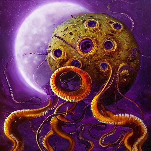 Prompt: many purple tentacles with eyes bursting out of an exploding moon, high fantasy, oil painting, extremely detailed
