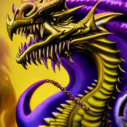 Prompt: purple and gold dragon by Boris Vallejo ultra detail