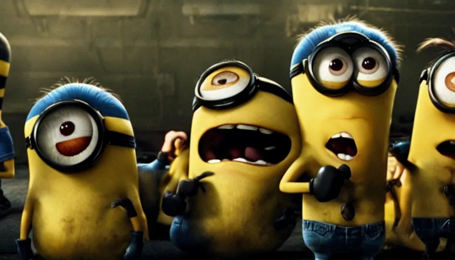 Prompt: fight! club!!!!, fight! club!!!! (((the minions))), movie still, directed by David fincher