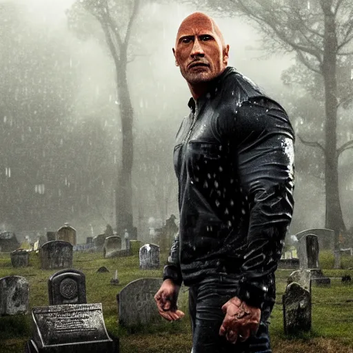 Image similar to dwayne the rock johnson visiting a graveyard in the rain, sad feeling, photorealistic, moody lighting,