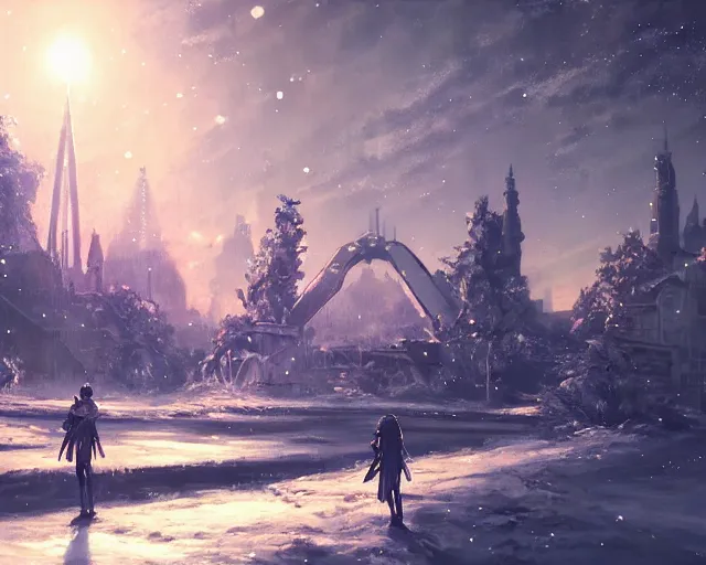 Prompt: scenery artwork, scene beautiful, light!! light essential futuristic winter world snow and night, surrealism oil on canvas, artstation!! pixiv!! dream scenery, quality astral projection render, nier automata concept art, vaporwave textures