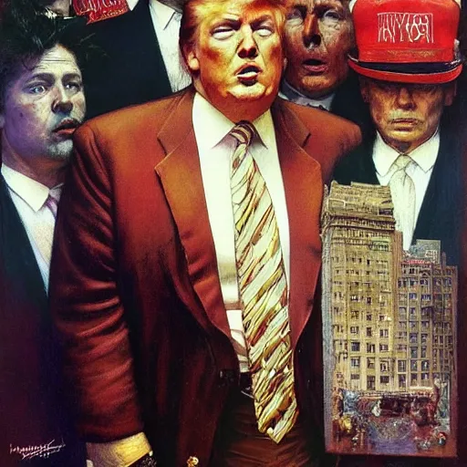 Image similar to full length portrait of huge donald trump dressed as gangster, new york, painted by lawrence alma tadema, zdzislaw beksinski, norman rockwell, jack kirby, tom lovell, greg staples