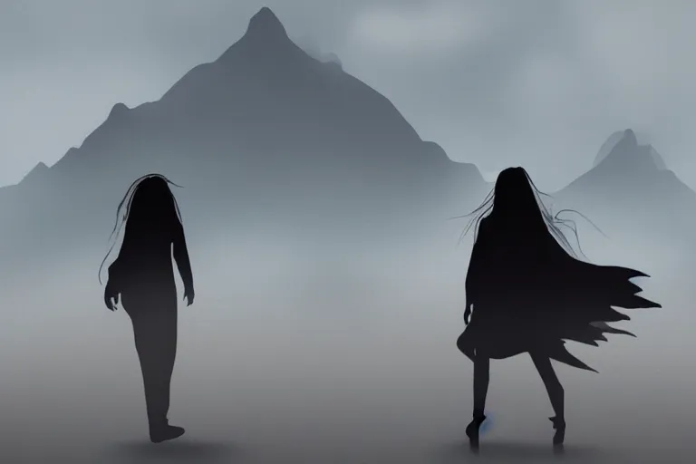 Prompt: a shadowy man and a beautiful pale woman with long black hair walk across the desert with mist in the background, extremely detailed, concept art, trending on artstation,