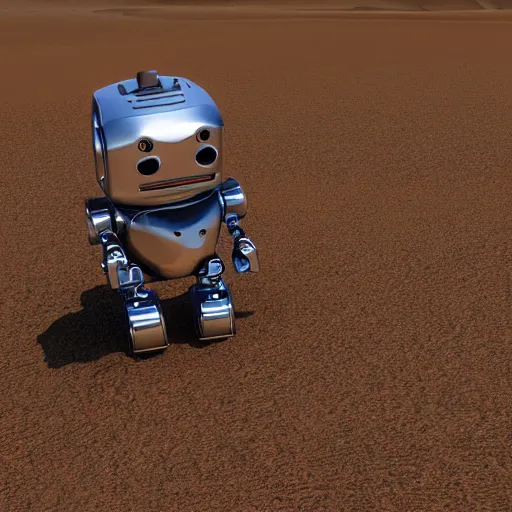 Image similar to robot marduder lost in sahara, photo realistic, highly detailed