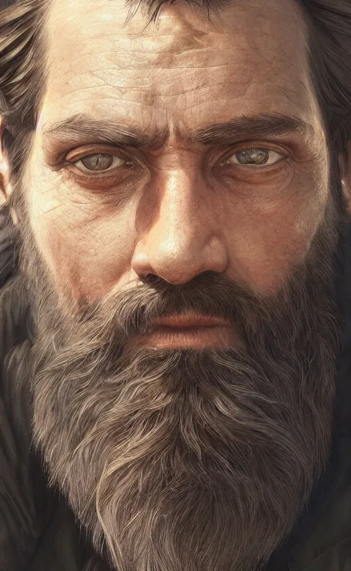 Prompt: close up portrait painting of a bearded survivor, ultra realistic, concept art, intricate details, serious, highly detailed, photorealistic, octane render, 8 k, unreal engine. art by artgerm and greg rutkowski and alphonse mucha