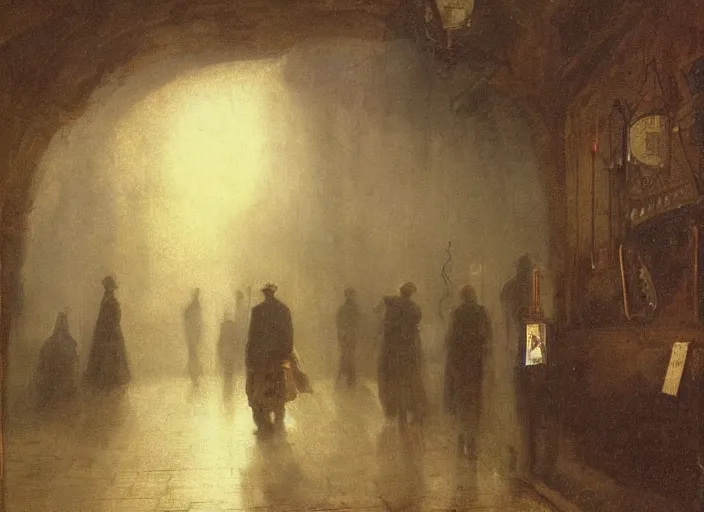 Image similar to 1 9 th century london, art by caspar david friedrich, thomas lawrence, john martin, dark, shady alleys, pub, pub sign, floor fog, coherent composition,