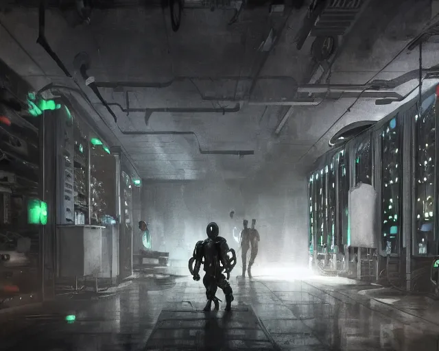 Prompt: gloomy colossal ruined server room in datacenter robot figure automata headless robot knight welder posing pacing fixing soldering mono sharp focus, emitting diodes, smoke, artillery, sparks, racks, system unit, motherboard, by pascal blanche rutkowski artstation hyperrealism cinematic dramatic painting concept art of detailed character design matte painting, 4 k resolution blade runner