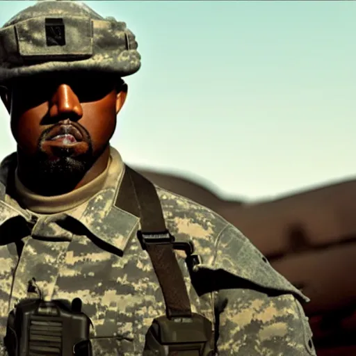 Image similar to kanye west as a us army soldier, cinematic lighting, photorealistic