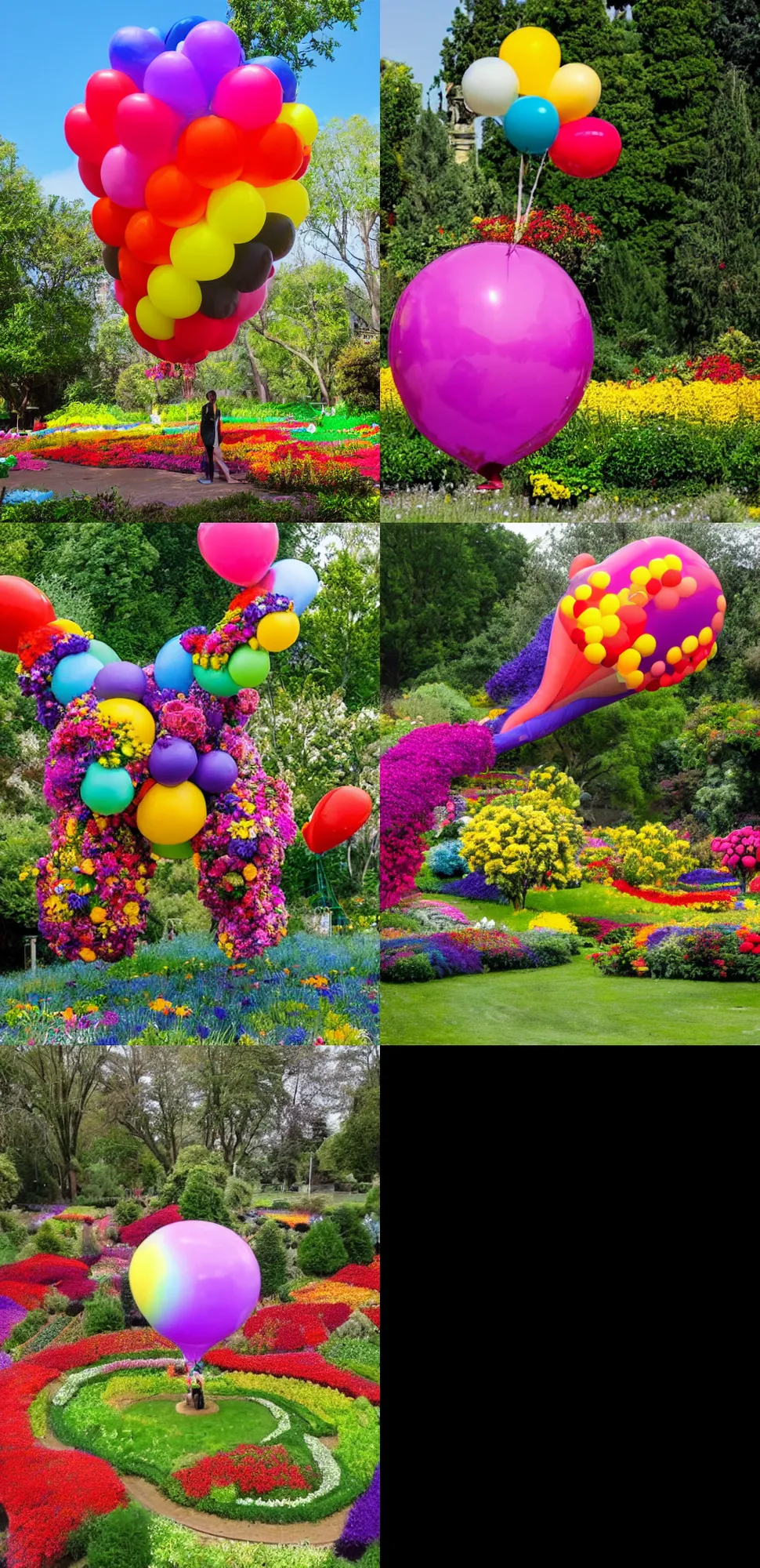 Prompt: large balloon made entirely out of beautiful colorful flowers that is hovering over a victorian botanical garden with fountains