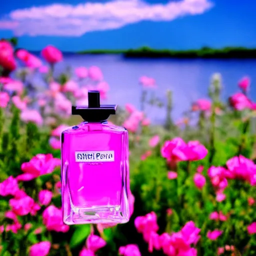 Image similar to pink perfume bottle sitting on the middle of a blue lake, close up shot, upfront, surrounded by pink flowers, blurred blue sky backround, softly - lit, soft - warm, zen, light, modern minimalist f 2 0 clean