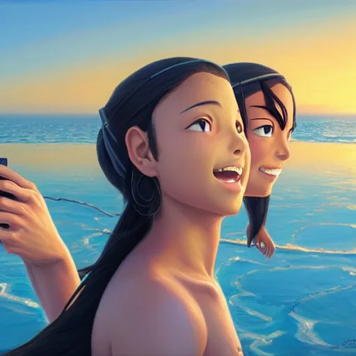 Image similar to beautiful serene intricate portrait of katara and toph taking a selfie, smiling softly, relaxing on the beach, golden hour, soft focus, 8 k, art by irakli nadar, hyperrealism, hyperdetailed, ultra realistic