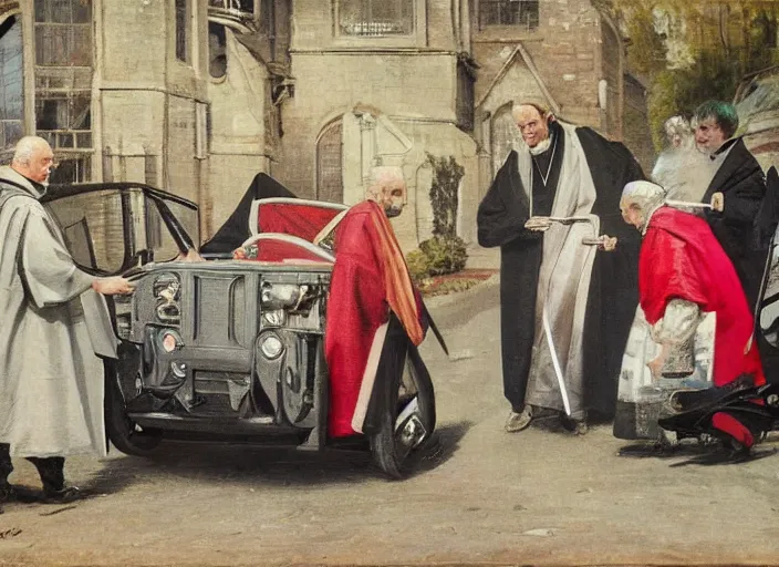 Prompt: A bishop getting out of a Suzuki Alto, victorian era painting