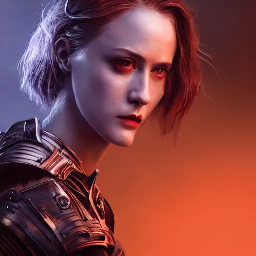 Image similar to evan rachel wood portrait, dystopia core, apocalyptic, armor, warrior, dramatic, sharp focus, fiction, neon, fantasy, hyper detailed, digital art, trending in artstation, cinematic lighting, studio quality, smooth render, unreal engine 5 rendered, octane rendered, art style and nixeu and wlop and krenz cushart