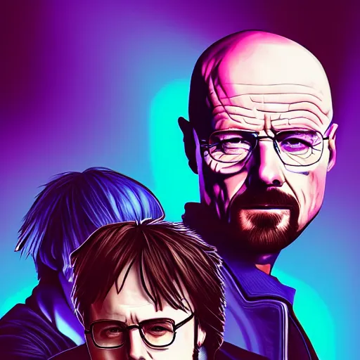 Image similar to walter white mounting jesse pinkman, and a purple coloured leather jacket, one side haircut, long brown hair with light blue ends, portrait, hyperdetailed, artstation, cgsociety, synthwave by tangerine dream, by jean - michel jarre, by vangelis, by john carpenter