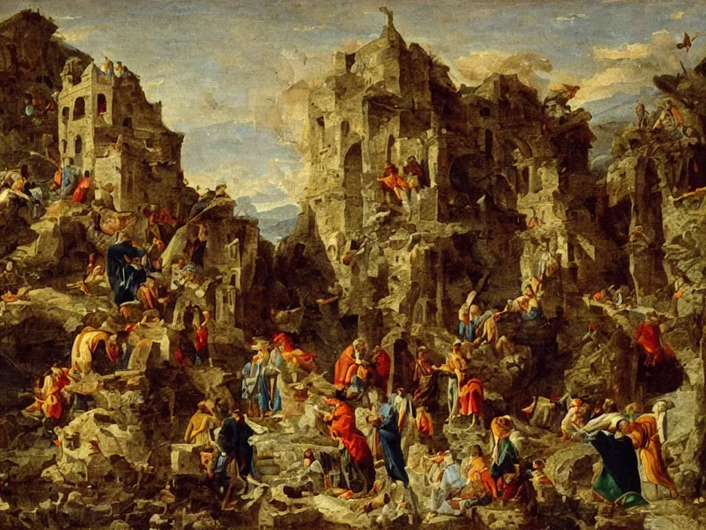 Image similar to Saint giving milk to the eels in Tuscany. Rocks, italian city ablaze. Painting by the Osservanza Master