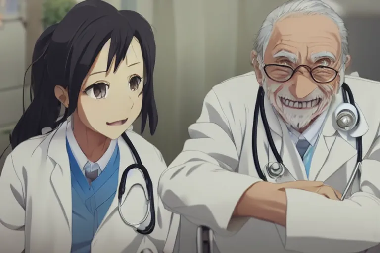 Image similar to a cute young female doctor wearing white coat, an old man of 80 years in a wheelchair, hospital ward, slice of life anime, cinematic, realistic, highly detailed, 8kHDR, anime scenery by Makoto shinkai