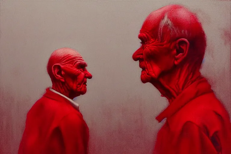 Image similar to only with red, a red old man try to sell a portrait, in a square, crowd goes crazy, in the style of beksinski, parts by edward hopper, parts by rodcenko, parts by yue minjun, intricate and epic composition, red by caravaggio, insanely quality, highly detailed, masterpiece, red light, artstation, 4 k